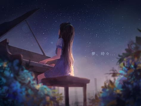 Long Hair Dark Hair Sishenfan Anime Anime Girls Piano Digital Art