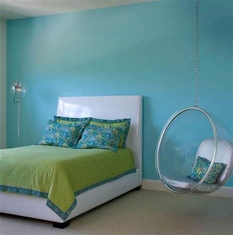 For the teen girl's bedroom in our virtual room design, we created a pink, but not girly space, complete with a. bedroom swings in blue room