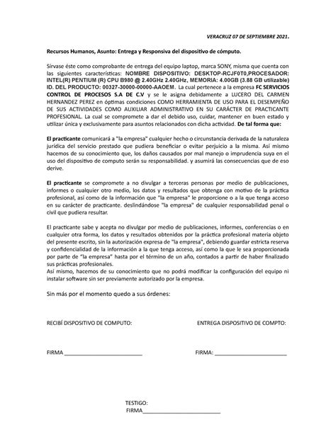 Carta Responsiva De Equipo Cómputo En Ciudad México A 23 Computo