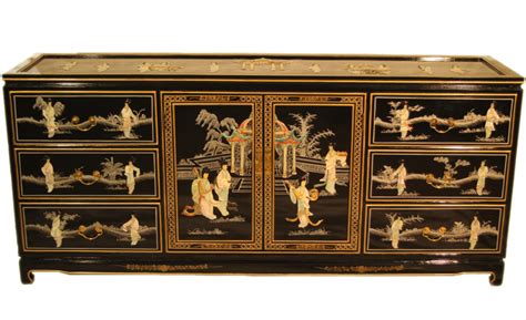 72 Shiny Black Handpainted Oriental Dresser With Mother Of Pearl