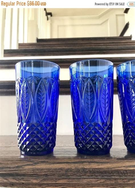 Set Of 4 Sapphire Cobalt Blue France Tumblers Glasses Diamond Etsy Vintage Glassware Glass