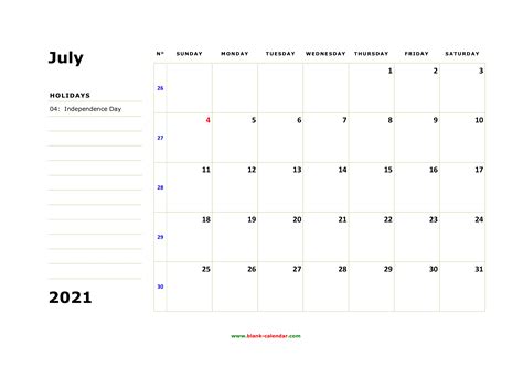 Free Download Printable July 2021 Calendar Large Box Holidays Listed