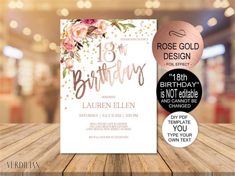 Diy 18th Birthday Invitation Template Blush Rose Gold Etsy
