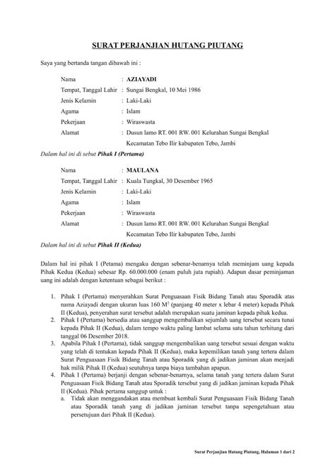 Surat perjanjian hutang piutang merupakan salah satu cara untuk menghindari dan menjadi dasar penyelesaian perselisihan akibat peristiwa nah, itulah informasi dan contoh seputar surat perjanjian hutang piutang. Surat Perjanjian Hutang Piutang