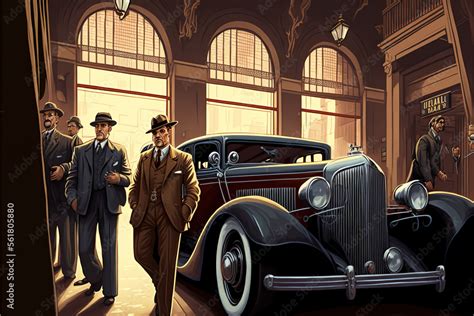 Mafia Mobsters Around A Vintage Automobile Art Deco Cartoon Illustration Featuring A Crime