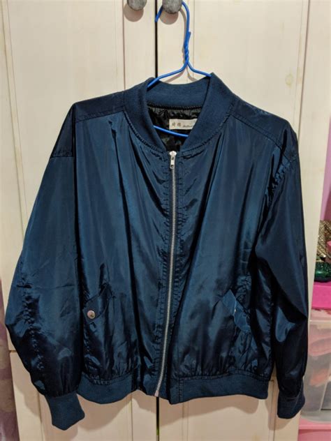 Navy Blue Bomber Jacket Womens Fashion Clothes Outerwear On Carousell