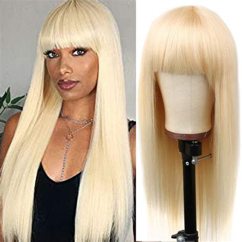 Blonde Synthetic Hair Wig With Bangs Glueless Machine Made Wig Straight Hair Wigs Vogsig Wigs Shop