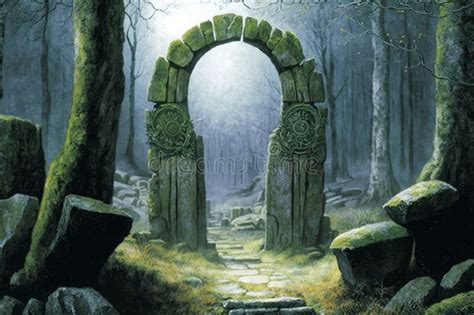 Fantasy Landscape With Old Stone Gate In The Forest At Night