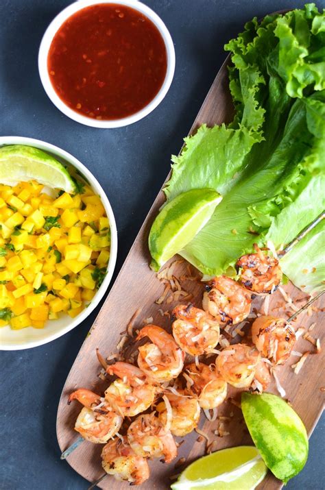These maple bbq glazed bacon wrapped shrimp will rock your world! Grilled Shrimp Lettuce Wraps with Sweet Chili Sauce, Mango ...