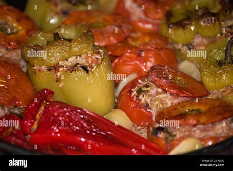 Greece Greek Food And Drink A Dish Of Stuffed Tomatoes And Peppers Or