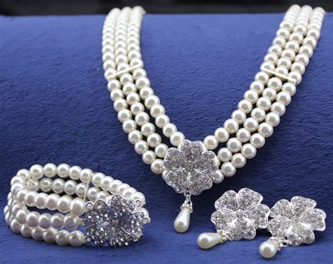 Elegant Pearl Diamond Wedding Bridal Jewelry Set Including Necklace And