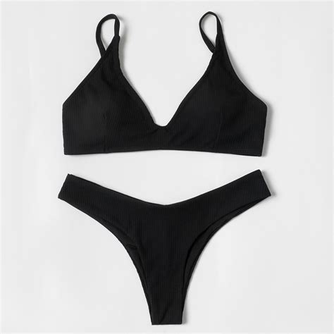 solid color sportswear two piece strap solid black sexy bikini with padded high waist for ladies