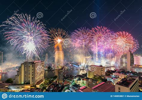 Celebration Of New Year Day With Colorful Fireworks On Chao Phraya