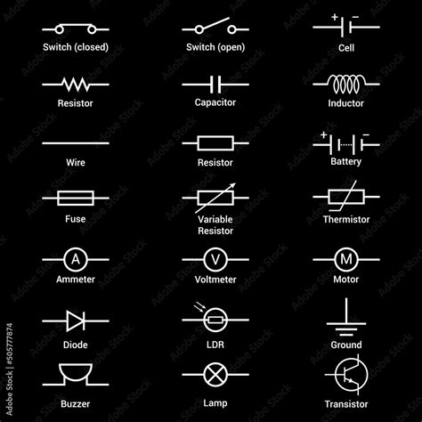 Set Of Electronic Circuit Symbols Schematic Circuit Diagrams Stock