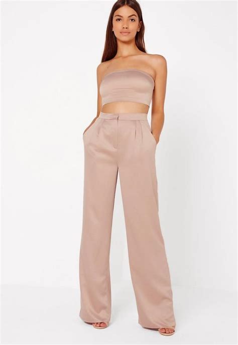 Nude Satin Wide Leg Pants Missguided