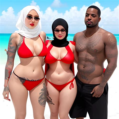 White Curvy Hijab Woman In Red Micro Bikini With Two Black Stron Arthub Ai
