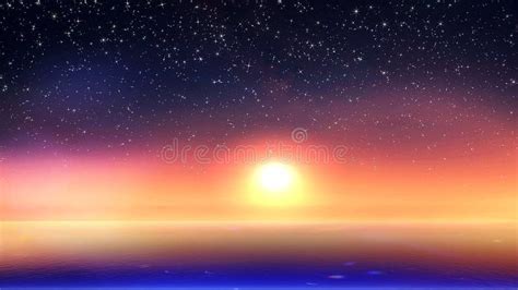 Moon And Starry Sky Sunset At Sea Gold Pink Cloudy Skyline And Water