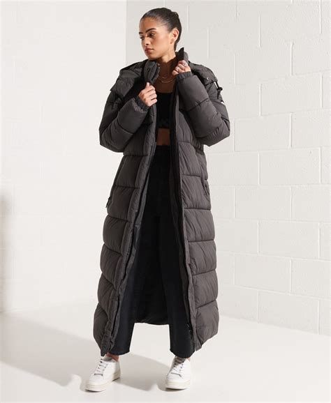 Womens Touchline Longline Padded Coat In Black Grid Superdry
