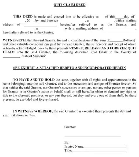 Free Missouri Quitclaim Deed PDF Word Printable