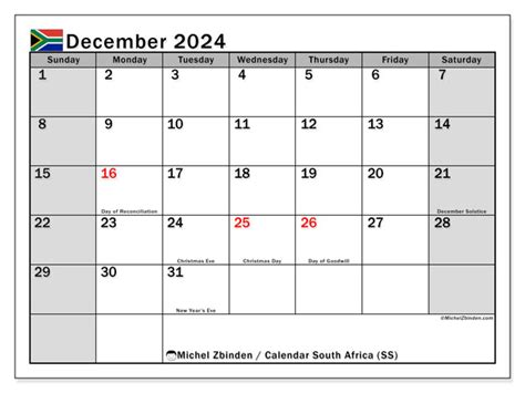 December 2024 Printable Calendar “south Africa Ss” Michel Zbinden Za