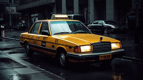 Yellow Taxi Parked In A Rainy Street Background Taxi Picture