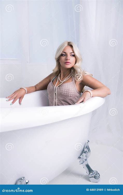 Pretty Woman With Long Blonde Hair In Bath Stock Image Image Of