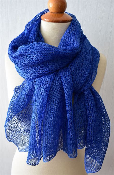 Cobalt Blue Linen Shawl Blue Knitted Natural Summer Scarf Wrap Natural