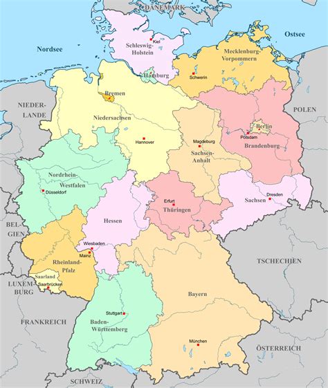 Deutschland Karte mit Bundesländern Landeshauptstädten