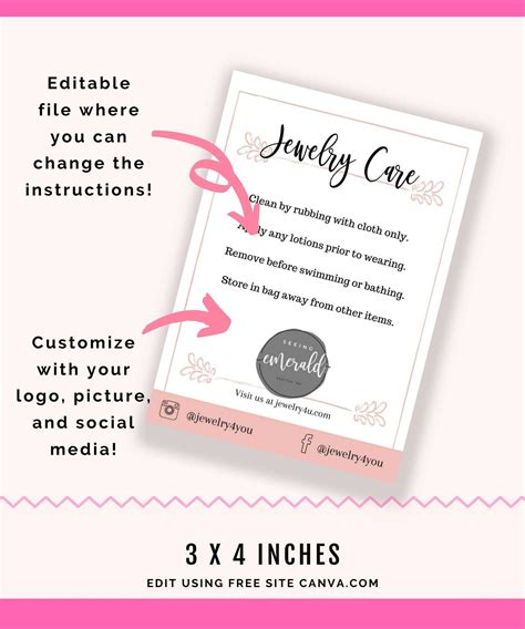 Jewelry Care Card Template Editable Tip Guide Instructions Etsy