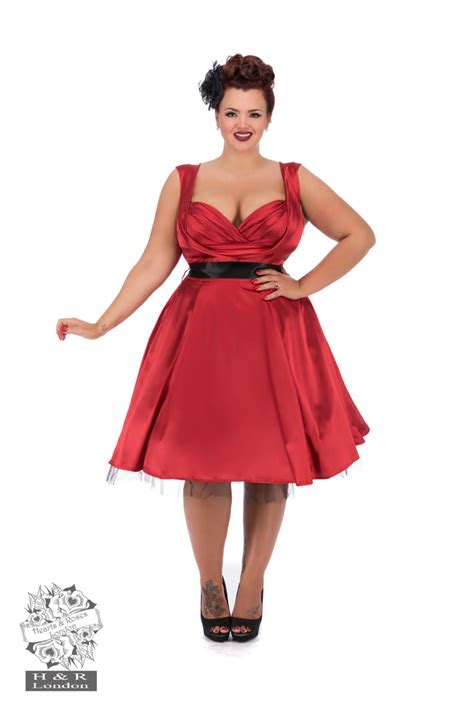 Red Satin 50s Prom Swing Dress In Red Hearts And Roses London