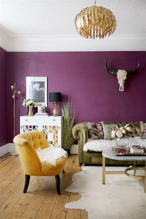 Boho Glam Plum Living Room With Green Velvet Chesterfield