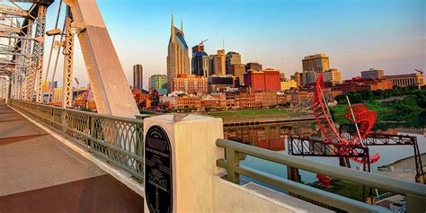 Nashville Tennessee Skyline And Pedestrian Bridge Sunrise Panorama