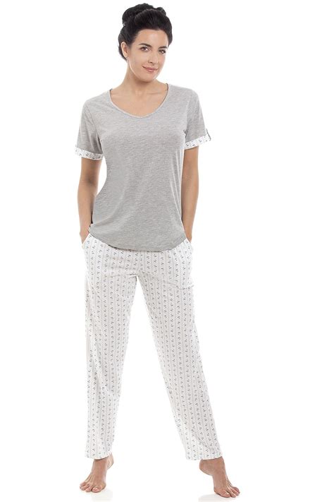 Ladies Grey Cotton Blend Short Sleeve Full Length Pyjama Set