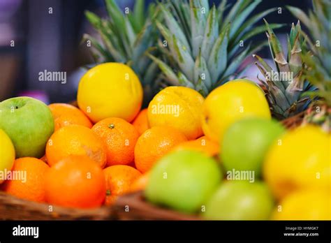 Fresh Tropical Fruit Basket In Supermarket Stock Photo Alamy
