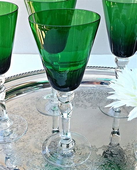 Vintage Green Wine Glasses Ball Stem Emerald Green Stemware