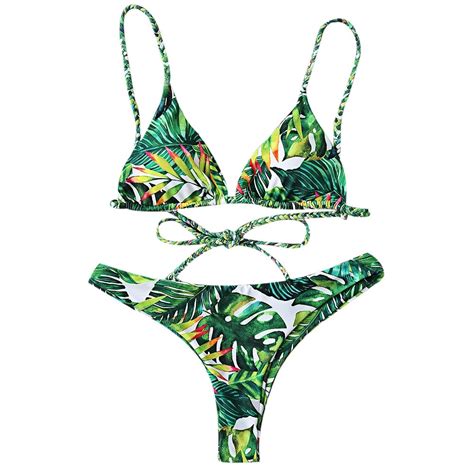 summer european style women sexy braided tropical print plunge bikini set two piece suits