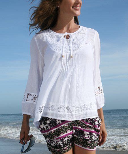 Anandas Collection White Semisheer Crochet Tie Front Peasant Tunic