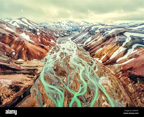 Aerial View Landscape Of Landmannalaugar Surreal Nature Scenery In