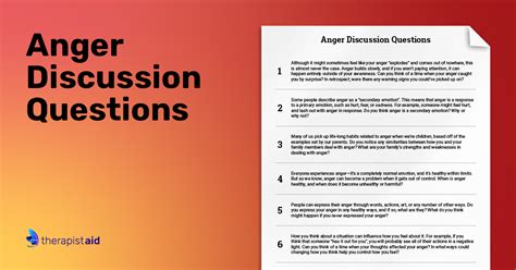 Anger Discussion Questions Worksheet Therapist Aid