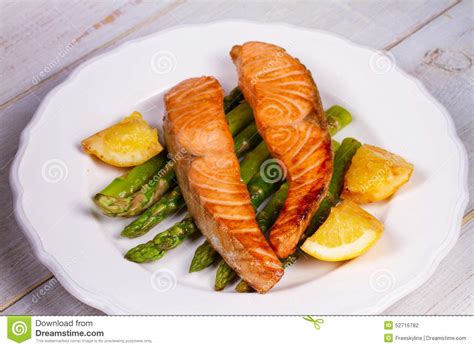 Broiled Salmon And Asparagus Stock Photo Image 52716782