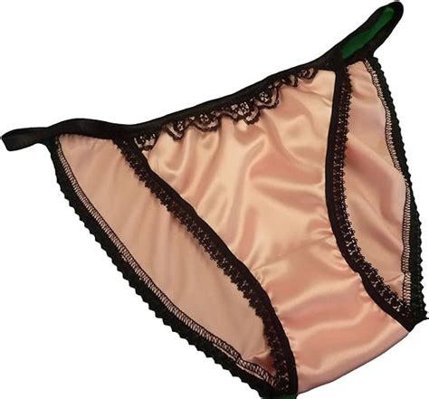 shiny satin string bikini mini tanga panties pale pink with black lace