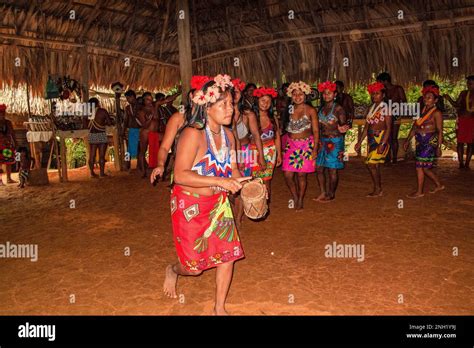 indigenous embera women in traditional dress perform a dance an embera village in panama stock