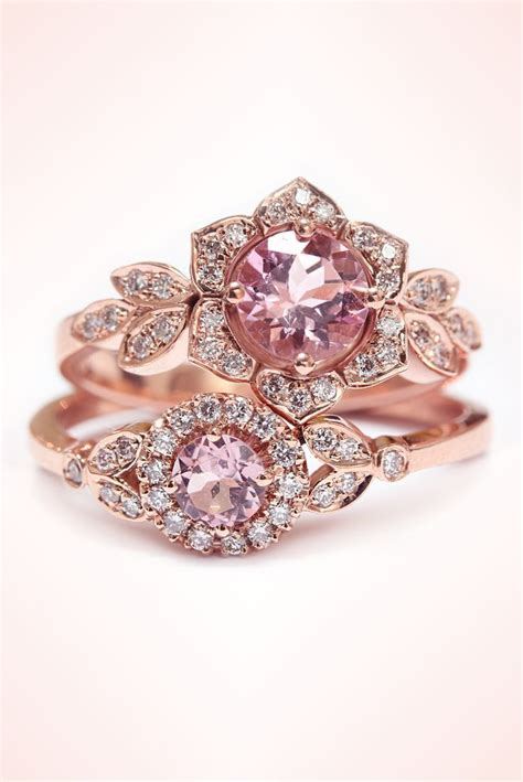 Roségold-Verlobungsring, rosa Turmalinring, Clusterring, Vintage Ringe 