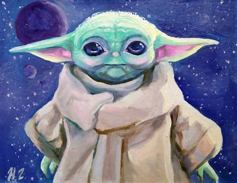 Baby Yoda Painting Original Art Star Wars Art Mandalorian Wall Etsy