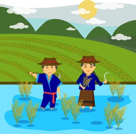 Asian Farmers Drawing Design With Rice Field Free Vector In Adobe