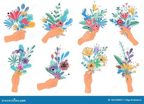 Bouquets Of Colorful Flowers Vector Set Of Four Illustrations