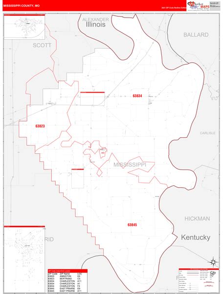 Mississippi County Mo Zip Code Wall Map Red Line Style By