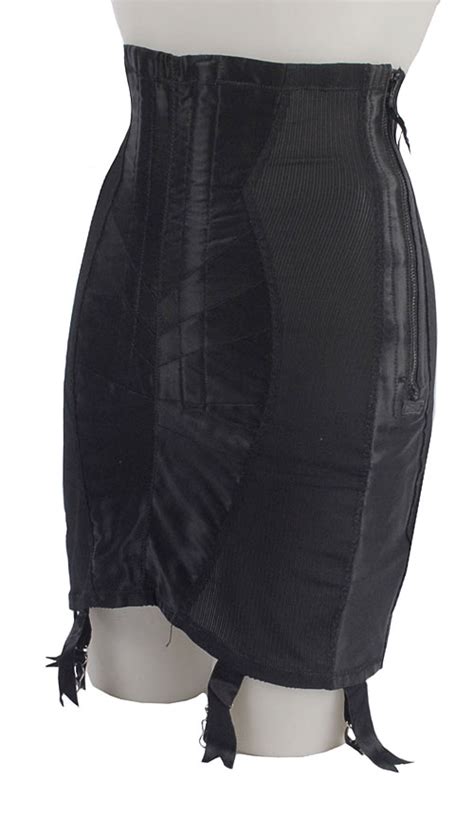 Vintage 50s Black High Waist Boned Open Bottom Girdle Corset 6 Garters