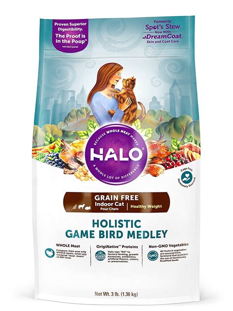 This cat food contains optimal portions of chicken meal, animal fat, vegetable fiber, carbohydrates, vitamins, and minerals. Halo Holistic Healthy Weight Dry Cat Food for Indoor Cats ...