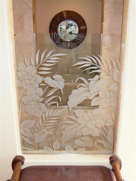 glass shower panels frosted glass tropical design foliage plants hibiscus beauty sans soucie